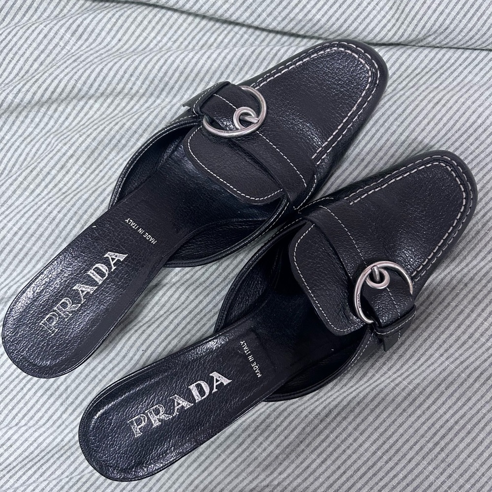 Prada Black Leather Slip-On Heeled Mules with Silver Buckle